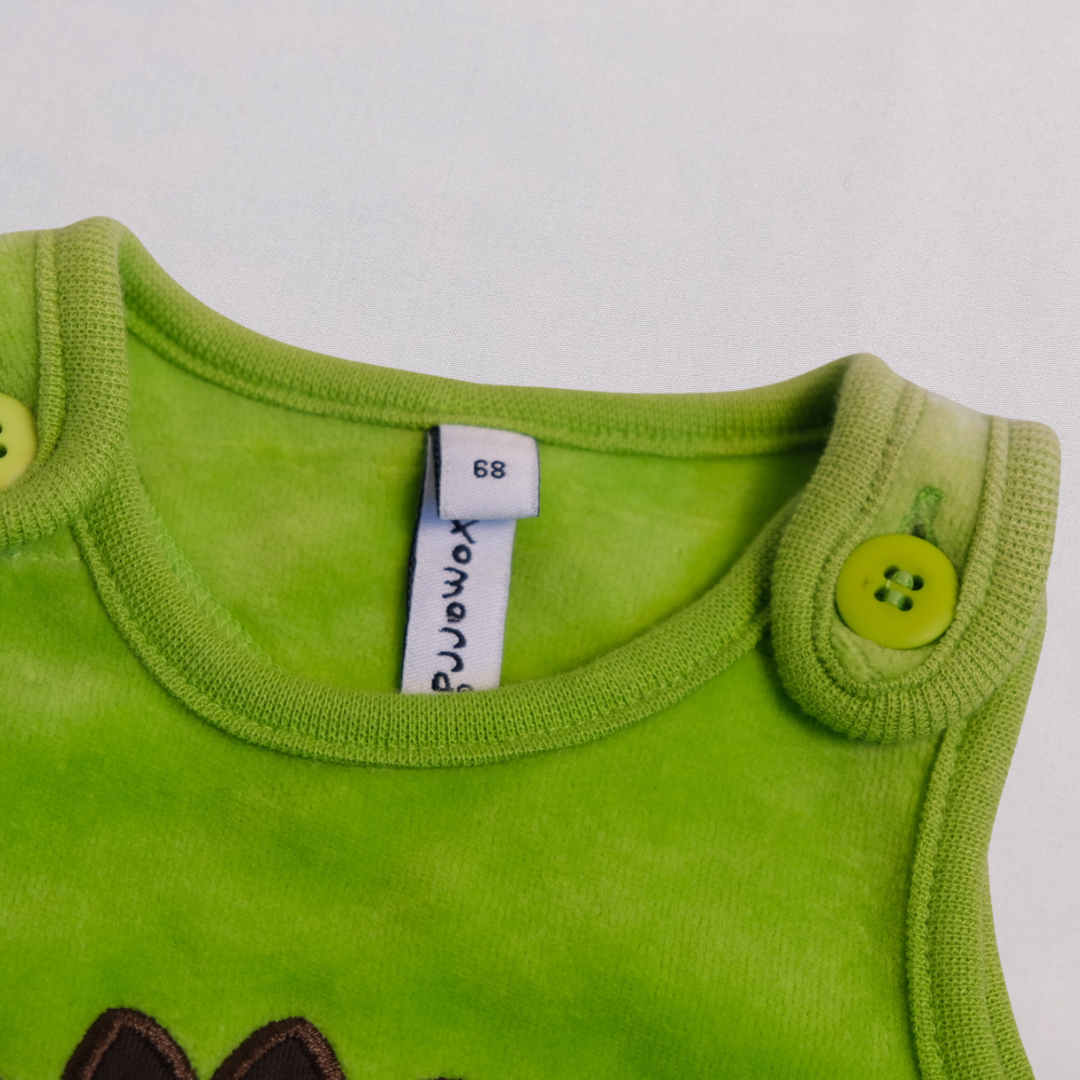 Green velvety dress with lion and avocado